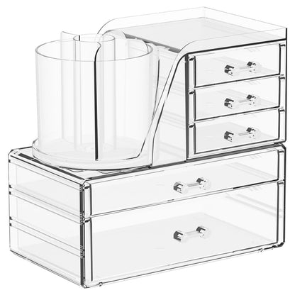 Durchsichtige Acryl Make-up Organizer für die Schminkkommode, 3er-Set Schubladen-Organizer mit Pinselhalter, Kosmetik-Aufbewahrung für Haaraccessoires, Beauty-Produkte, Badezimmer, Frisiertisch