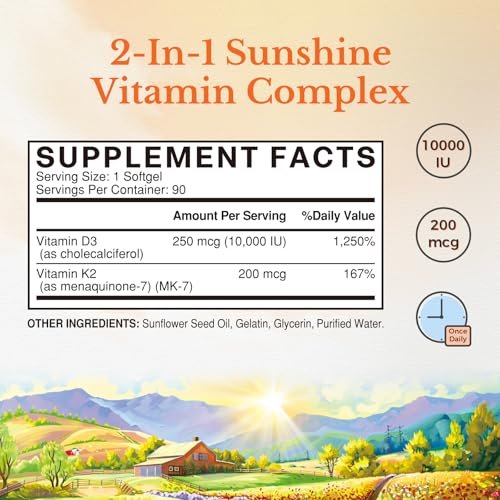 Vitalitown Vitamin D3 K2 Komplex, Vitamin D3 10000 IE + Vitamin K2 (MK7) 200 mcg, 90 Weichkapseln (2er-Pack), Non-GMO, Ohne Gluten & Soja, Für Knochen-, Zahn-, Immun- und Herzgesundheit