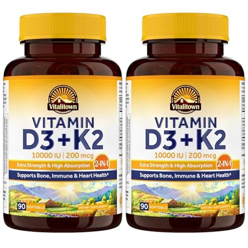 Vitalitown Vitamin D3 K2 Komplex, Vitamin D3 10000 IE + Vitamin K2 (MK7) 200 mcg, 90 Weichkapseln (2er-Pack), Non-GMO, Ohne Gluten & Soja, Für Knochen-, Zahn-, Immun- und Herzgesundheit