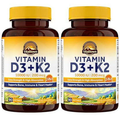 Vitalitown Vitamin D3 K2 Komplex, Vitamin D3 10000 IE + Vitamin K2 (MK7) 200 mcg, 90 Weichkapseln (2er-Pack), Non-GMO, Ohne Gluten & Soja, Für Knochen-, Zahn-, Immun- und Herzgesundheit