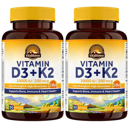 Vitalitown Vitamin D3 K2 Komplex, Vitamin D3 10000 IE + Vitamin K2 (MK7) 200 mcg, 90 Weichkapseln (2er-Pack), Non-GMO, Ohne Gluten & Soja, Für Knochen-, Zahn-, Immun- und Herzgesundheit