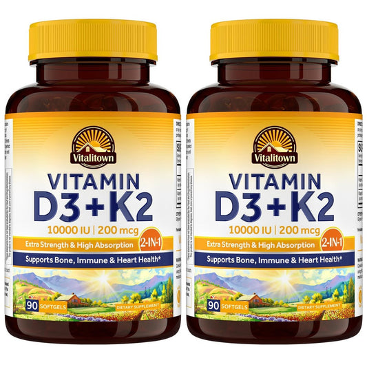 Vitalitown Vitamin D3 K2 Komplex, Vitamin D3 10000 IE + Vitamin K2 (MK7) 200 mcg, 90 Weichkapseln (2er-Pack), Non-GMO, Ohne Gluten & Soja, Für Knochen-, Zahn-, Immun- und Herzgesundheit