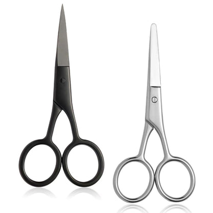 2er-Pack kleine Pflegescheren für Damen und Herren – Gesichtshaar-Trimmerschere mit geraden & abgerundeten Sicherheitsspitzen für Augenbrauen, Nasenhaare, Bart, Schnurrbart, Wimpern und Ohrhaare – Silber & Schwarz