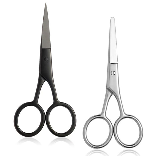 2er-Pack kleine Pflegescheren für Damen und Herren – Gesichtshaar-Trimmerschere mit geraden & abgerundeten Sicherheitsspitzen für Augenbrauen, Nasenhaare, Bart, Schnurrbart, Wimpern und Ohrhaare – Silber & Schwarz