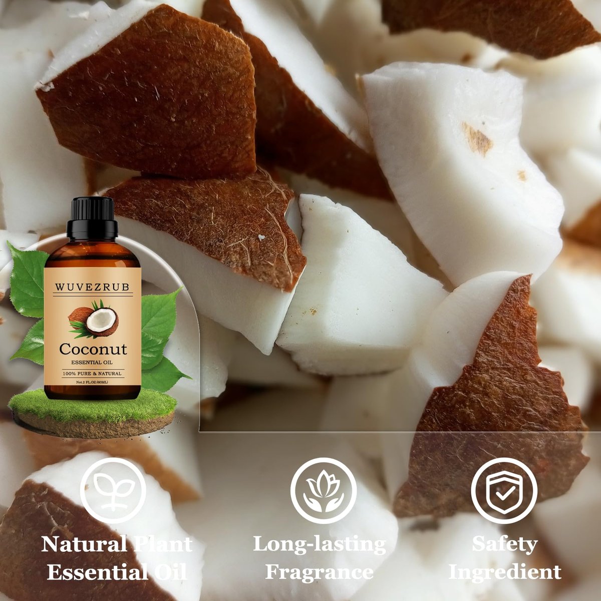 Wuvezrub Kokosnuss ätherisches Öl 60 ml – Reines Kokosöl für Aromatherapie-Diffuser, 2 Fl Oz