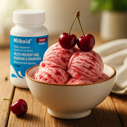 Milkaid Lactase-Enzym Kautabletten gegen Laktoseintoleranz | Verhindert Blähungen, Völlegefühl & Durchfall | Schnell wirkendes Verdauungsergänzungsmittel (120 Tabletten, Kirsche)