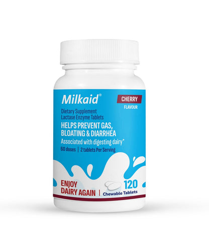 Milkaid Lactase-Enzym Kautabletten gegen Laktoseintoleranz | Verhindert Blähungen, Völlegefühl & Durchfall | Schnell wirkendes Verdauungsergänzungsmittel (120 Tabletten, Kirsche)