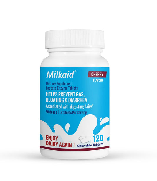 Milkaid Lactase-Enzym Kautabletten gegen Laktoseintoleranz | Verhindert Blähungen, Völlegefühl & Durchfall | Schnell wirkendes Verdauungsergänzungsmittel (120 Tabletten, Kirsche)