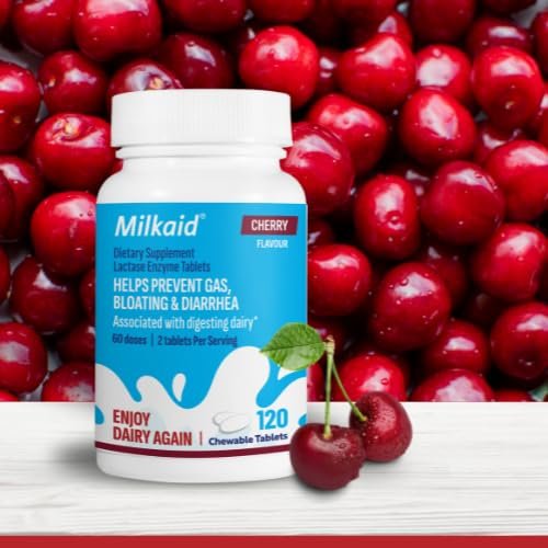 Milkaid Lactase-Enzym Kautabletten gegen Laktoseintoleranz | Verhindert Blähungen, Völlegefühl & Durchfall | Schnell wirkendes Verdauungsergänzungsmittel (120 Tabletten, Kirsche)