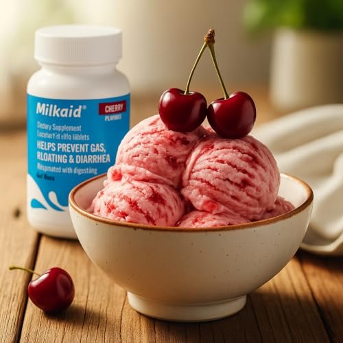 Milkaid Lactase-Enzym Kautabletten gegen Laktoseintoleranz | Verhindert Blähungen, Völlegefühl & Durchfall | Schnell wirkendes Verdauungsergänzungsmittel (120 Tabletten, Kirsche)