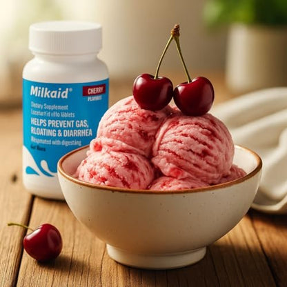 Milkaid Lactase-Enzym Kautabletten gegen Laktoseintoleranz | Verhindert Blähungen, Völlegefühl & Durchfall | Schnell wirkendes Verdauungsergänzungsmittel (120 Tabletten, Kirsche)