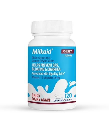 Milkaid Lactase-Enzym Kautabletten gegen Laktoseintoleranz | Verhindert Blähungen, Völlegefühl & Durchfall | Schnell wirkendes Verdauungsergänzungsmittel (120 Tabletten, Kirsche)