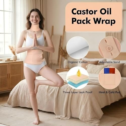 Rizinusöl-Wickel-Set zur ganzheitlichen Wellness-Förderung – Wiederverwendbare Bio-Rizinusöl-Packs mit weichem Baumwollfutter für Bauch, Nacken und Brust – Einfach anzuwenden