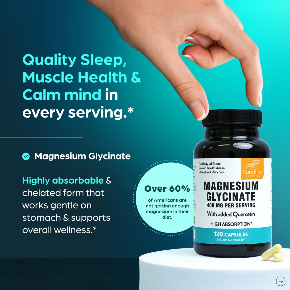 Magnesiumglycinat 400 mg Hochdosiert mit Quercetin – 120 Kapseln für besseren Schlaf, Entspannung & Muskelgesundheit | Chelat-Magnesium für Frauen und Männer