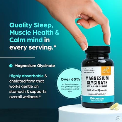 Magnesiumglycinat 400 mg Hochdosiert mit Quercetin – 120 Kapseln für besseren Schlaf, Entspannung & Muskelgesundheit | Chelat-Magnesium für Frauen und Männer