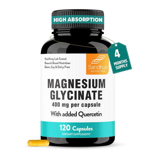 Magnesiumglycinat 400 mg Hochdosiert mit Quercetin – 120 Kapseln für besseren Schlaf, Entspannung & Muskelgesundheit | Chelat-Magnesium für Frauen und Männer