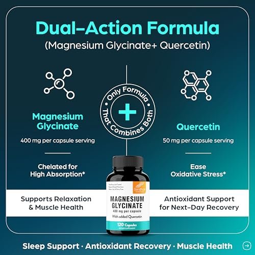 Magnesiumglycinat 400 mg Hochdosiert mit Quercetin – 120 Kapseln für besseren Schlaf, Entspannung & Muskelgesundheit | Chelat-Magnesium für Frauen und Männer