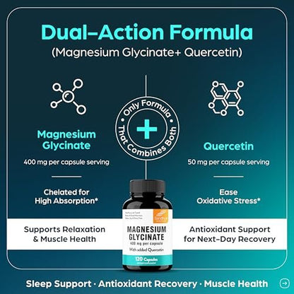 Magnesiumglycinat 400 mg Hochdosiert mit Quercetin – 120 Kapseln für besseren Schlaf, Entspannung & Muskelgesundheit | Chelat-Magnesium für Frauen und Männer