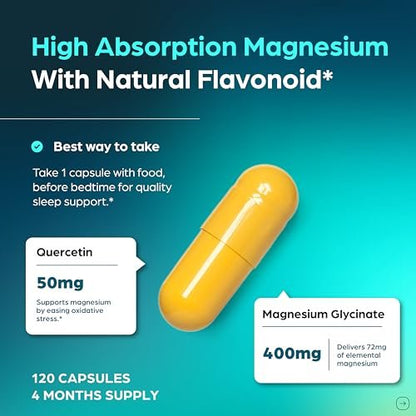 Magnesiumglycinat 400 mg Hochdosiert mit Quercetin – 120 Kapseln für besseren Schlaf, Entspannung & Muskelgesundheit | Chelat-Magnesium für Frauen und Männer