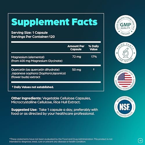 Magnesiumglycinat 400 mg Hochdosiert mit Quercetin – 120 Kapseln für besseren Schlaf, Entspannung & Muskelgesundheit | Chelat-Magnesium für Frauen und Männer