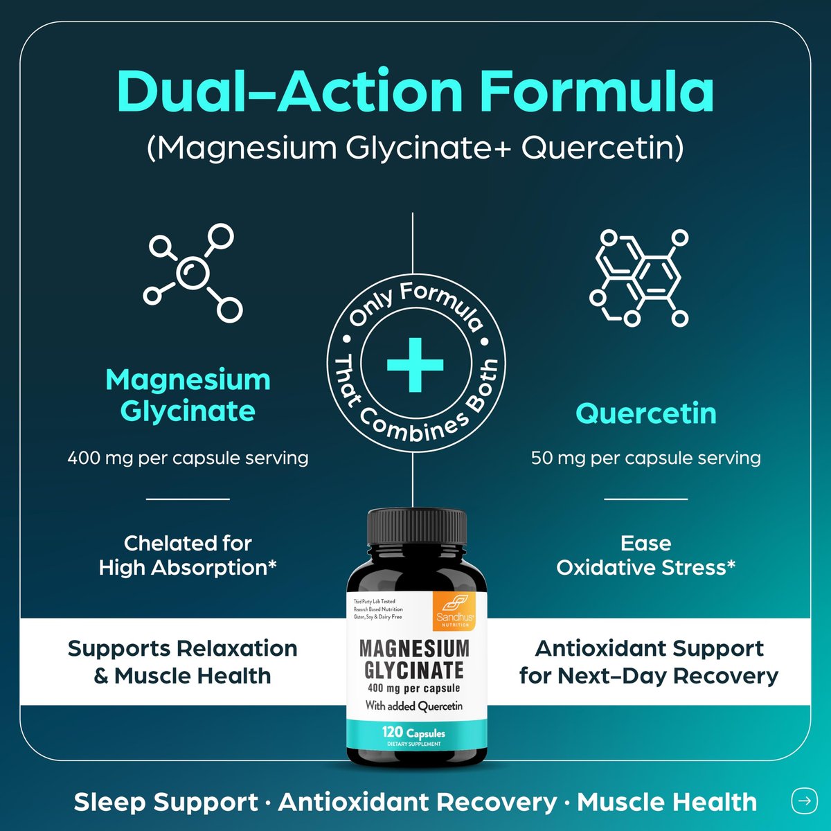 Magnesiumglycinat 400 mg Hochdosiert mit Quercetin – 120 Kapseln für besseren Schlaf, Entspannung & Muskelgesundheit | Chelat-Magnesium für Frauen und Männer