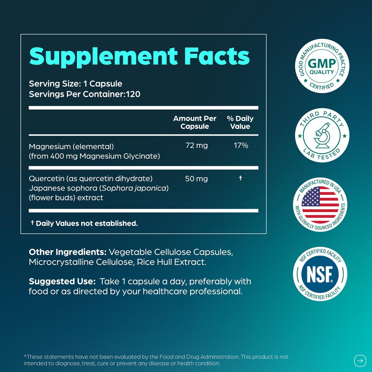 Magnesiumglycinat 400 mg Hochdosiert mit Quercetin – 120 Kapseln für besseren Schlaf, Entspannung & Muskelgesundheit | Chelat-Magnesium für Frauen und Männer