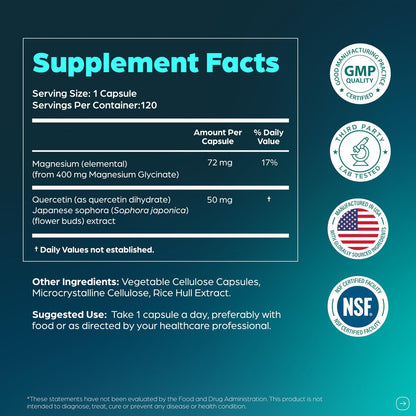 Magnesiumglycinat 400 mg Hochdosiert mit Quercetin – 120 Kapseln für besseren Schlaf, Entspannung & Muskelgesundheit | Chelat-Magnesium für Frauen und Männer