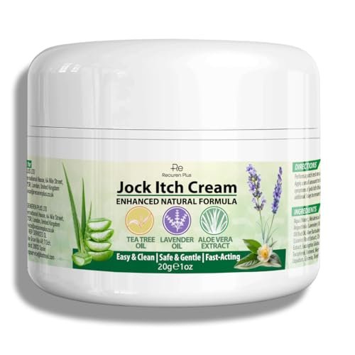 Recuren Plus Jock Itch Antifungal Creme: Teebaumöl Anti-Pilz Creme mit Aloe Vera, Lavendel & Eukalyptus – Extra starke Kräuter-Feuchtigkeitscreme zur Beruhigung juckender Haut – für Männer & Frauen, 30g
