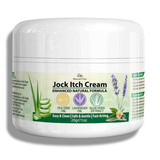 Recuren Plus Jock Itch Antifungal Creme: Teebaumöl Anti-Pilz Creme mit Aloe Vera, Lavendel & Eukalyptus – Extra starke Kräuter-Feuchtigkeitscreme zur Beruhigung juckender Haut – für Männer & Frauen, 30g
