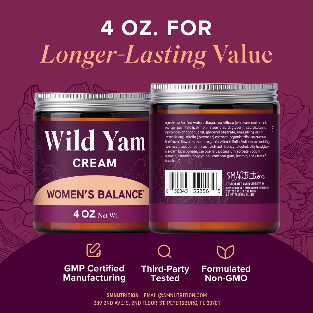 Wild Yam Creme für Hormonbalance | 3450mg Wild Yam zur Unterstützung der Wechseljahre & PMS | Angereichert mit Vitex, Traubensilberkerze, Lavendel & mehr | Östrogen- & Progesteronfreie Ausgleichscreme | 4 Unzen