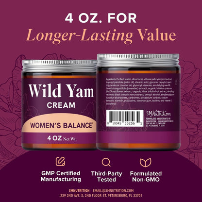 Wild Yam Creme für Hormonbalance | 3450mg Wild Yam zur Unterstützung der Wechseljahre & PMS | Angereichert mit Vitex, Traubensilberkerze, Lavendel & mehr | Östrogen- & Progesteronfreie Ausgleichscreme | 4 Unzen