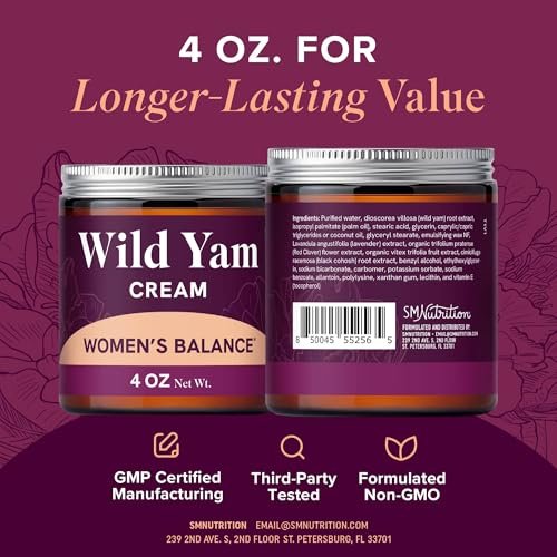 Wild Yam Creme für Hormonbalance | 3450mg Wild Yam zur Unterstützung der Wechseljahre & PMS | Angereichert mit Vitex, Traubensilberkerze, Lavendel & mehr | Östrogen- & Progesteronfreie Ausgleichscreme | 4 Unzen