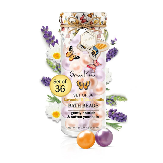 Grass Roots Badeöl-Perlen Set mit 36 Stück – Lavendel & Kamille Duftbadperlen – Mit ätherischen Ölen getränkte Perlen zur sanften Pflege & Geschmeidigkeit der Haut – Luxuriöses Badeerlebnis