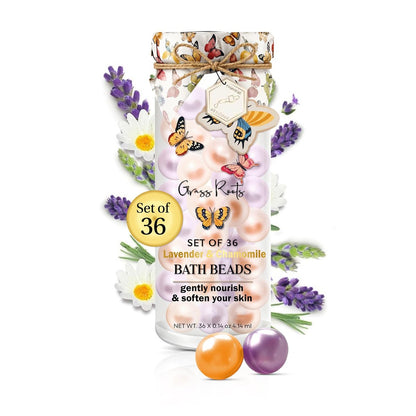 Grass Roots Badeöl-Perlen Set mit 36 Stück – Lavendel & Kamille Duftbadperlen – Mit ätherischen Ölen getränkte Perlen zur sanften Pflege & Geschmeidigkeit der Haut – Luxuriöses Badeerlebnis