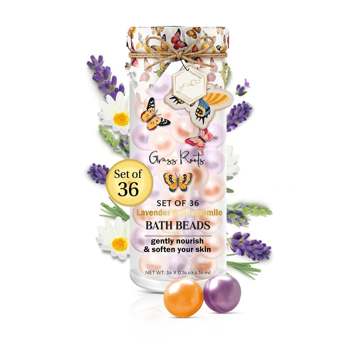 Grass Roots Badeöl-Perlen Set mit 36 Stück – Lavendel & Kamille Duftbadperlen – Mit ätherischen Ölen getränkte Perlen zur sanften Pflege & Geschmeidigkeit der Haut – Luxuriöses Badeerlebnis
