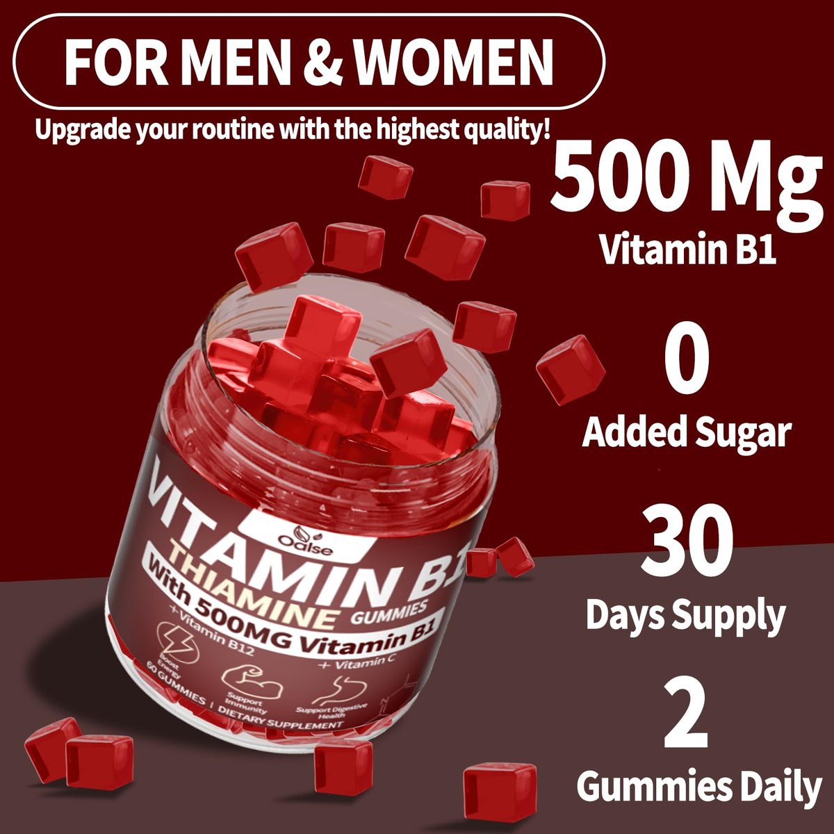 OALSE Thiamin Vitamin B1 Gummis – 500g vegane, zuckerfreie Thiamin-Ergänzung mit natürlichem Beerenmix-Geschmack für Erwachsene und Kinder (60 Stück) Fokus-Supplement