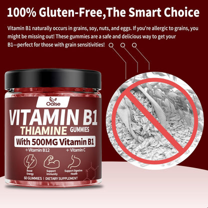 OALSE Thiamin Vitamin B1 Gummis – 500g vegane, zuckerfreie Thiamin-Ergänzung mit natürlichem Beerenmix-Geschmack für Erwachsene und Kinder (60 Stück) Fokus-Supplement