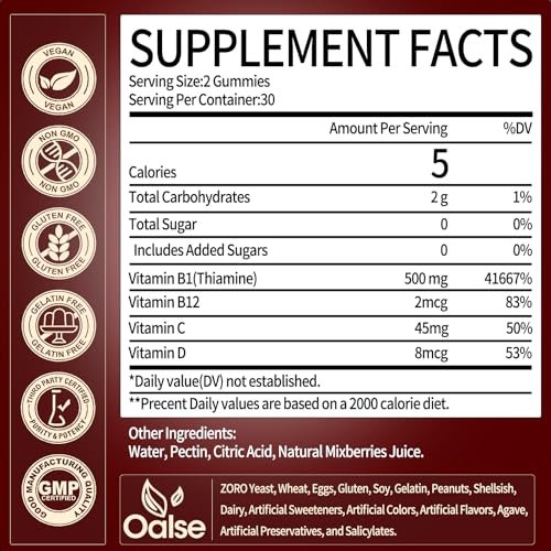 OALSE Thiamin Vitamin B1 Gummis – 500g vegane, zuckerfreie Thiamin-Ergänzung mit natürlichem Beerenmix-Geschmack für Erwachsene und Kinder (60 Stück) Fokus-Supplement