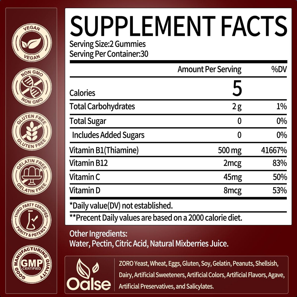 OALSE Thiamin Vitamin B1 Gummis – 500g vegane, zuckerfreie Thiamin-Ergänzung mit natürlichem Beerenmix-Geschmack für Erwachsene und Kinder (60 Stück) Fokus-Supplement