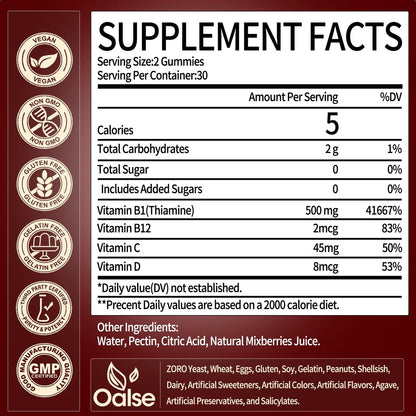 OALSE Thiamin Vitamin B1 Gummis – 500g vegane, zuckerfreie Thiamin-Ergänzung mit natürlichem Beerenmix-Geschmack für Erwachsene und Kinder (60 Stück) Fokus-Supplement