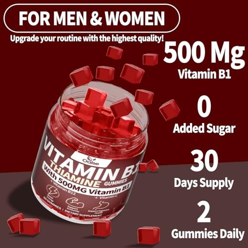 OALSE Thiamin Vitamin B1 Gummis – 500g vegane, zuckerfreie Thiamin-Ergänzung mit natürlichem Beerenmix-Geschmack für Erwachsene und Kinder (60 Stück) Fokus-Supplement