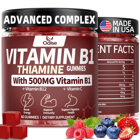 OALSE Thiamin Vitamin B1 Gummis – 500g vegane, zuckerfreie Thiamin-Ergänzung mit natürlichem Beerenmix-Geschmack für Erwachsene und Kinder (60 Stück) Fokus-Supplement