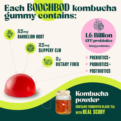 BoochBod Probiotische Kombucha Gummis – Präbiotika, Probiotika, Postbiotika, Ballaststoffe, Ulme, Löwenzahnwurzel, MCT-Öl – gegen Blähungen und für die Darmgesundheit – Probiotika für Frauen und Männer