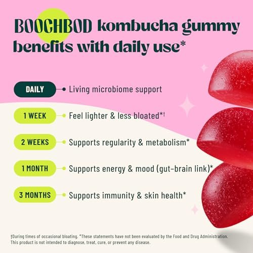 BoochBod Probiotische Kombucha Gummis – Präbiotika, Probiotika, Postbiotika, Ballaststoffe, Ulme, Löwenzahnwurzel, MCT-Öl – gegen Blähungen und für die Darmgesundheit – Probiotika für Frauen und Männer