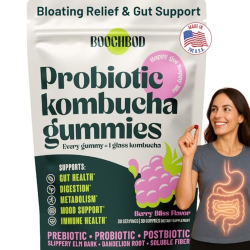 BoochBod Probiotische Kombucha Gummis – Präbiotika, Probiotika, Postbiotika, Ballaststoffe, Ulme, Löwenzahnwurzel, MCT-Öl – gegen Blähungen und für die Darmgesundheit – Probiotika für Frauen und Männer