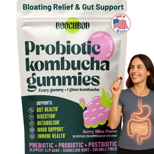 BoochBod Probiotische Kombucha Gummis – Präbiotika, Probiotika, Postbiotika, Ballaststoffe, Ulme, Löwenzahnwurzel, MCT-Öl – gegen Blähungen und für die Darmgesundheit – Probiotika für Frauen und Männer