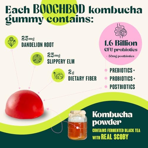 BoochBod Probiotische Kombucha Gummis – Präbiotika, Probiotika, Postbiotika, Ballaststoffe, Ulme, Löwenzahnwurzel, MCT-Öl – gegen Blähungen und für die Darmgesundheit – Probiotika für Frauen und Männer