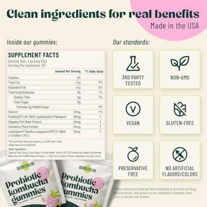 BoochBod Probiotische Kombucha Gummis – Präbiotika, Probiotika, Postbiotika, Ballaststoffe, Ulme, Löwenzahnwurzel, MCT-Öl – gegen Blähungen und für die Darmgesundheit – Probiotika für Frauen und Männer