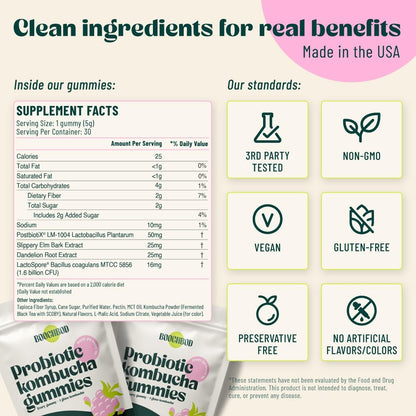 BoochBod Probiotische Kombucha Gummis – Präbiotika, Probiotika, Postbiotika, Ballaststoffe, Ulme, Löwenzahnwurzel, MCT-Öl – gegen Blähungen und für die Darmgesundheit – Probiotika für Frauen und Männer