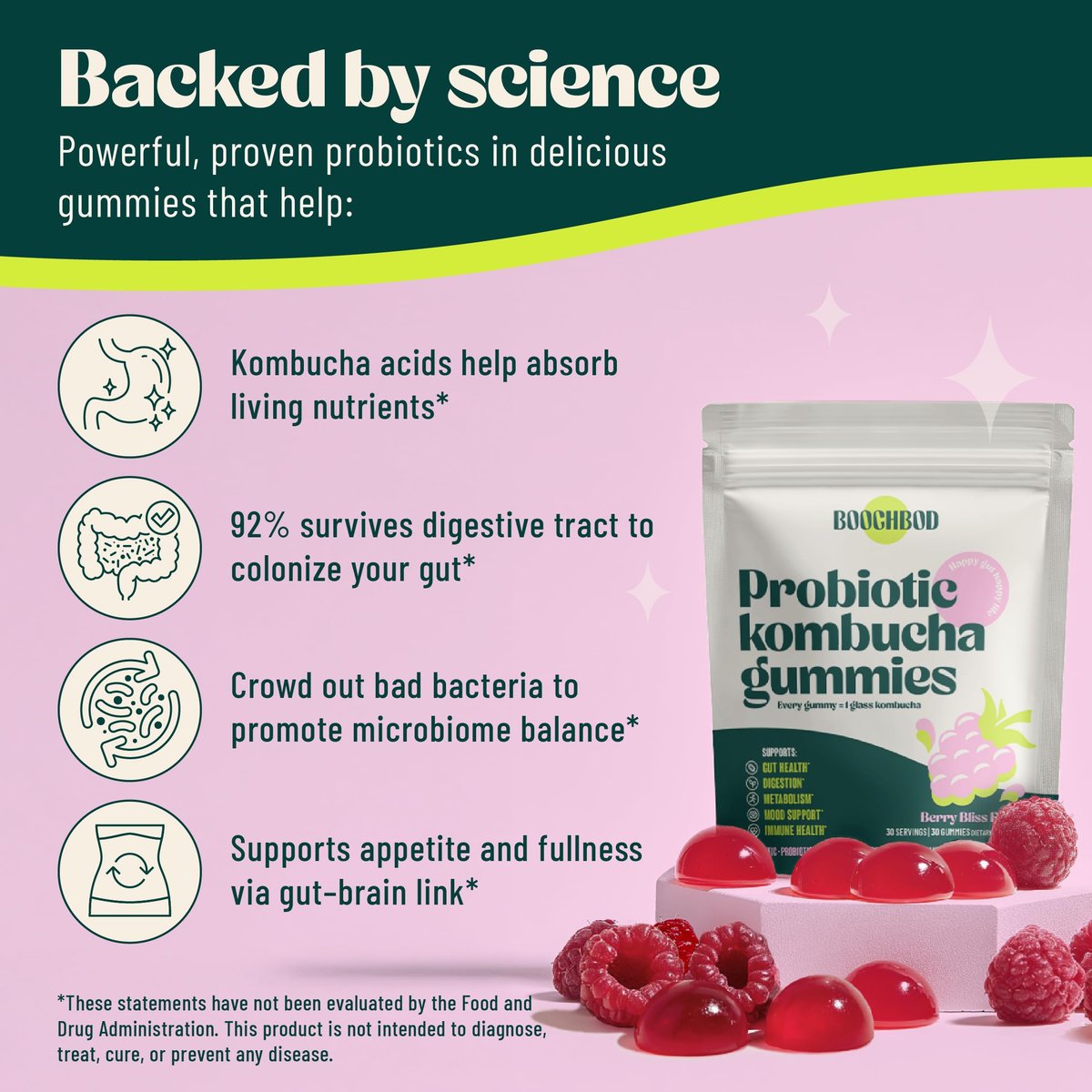 BoochBod Probiotische Kombucha Gummis – Präbiotika, Probiotika, Postbiotika, Ballaststoffe, Ulme, Löwenzahnwurzel, MCT-Öl – gegen Blähungen und für die Darmgesundheit – Probiotika für Frauen und Männer